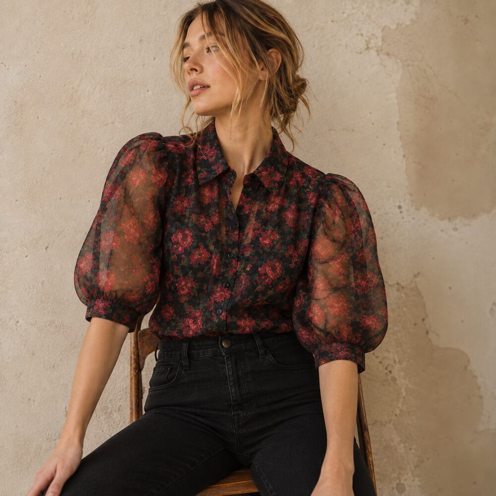 Sheer Floral Puff Sleeve Blouse Black Red Rose Whimsigoth Dark Romantic S